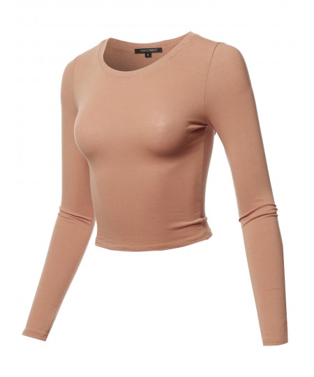 Women's Solid Round Neck Long Sleeve  Basic Crop Top