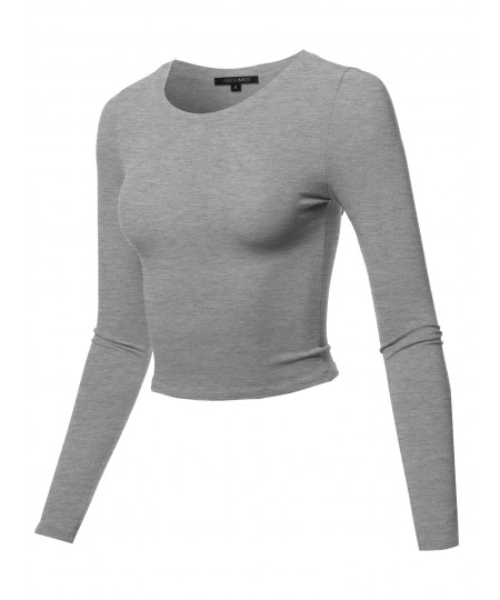 Women's Solid Round Neck Long Sleeve  Basic Crop Top