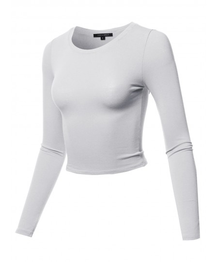 Women's Solid Round Neck Long Sleeve  Basic Crop Top