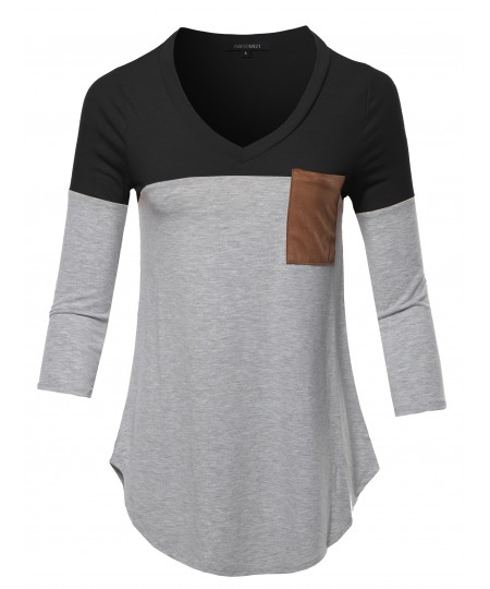 Women's Basic Color Block Suede Pocket Top