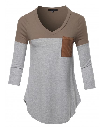 Women's Basic Color Block Suede Pocket Top