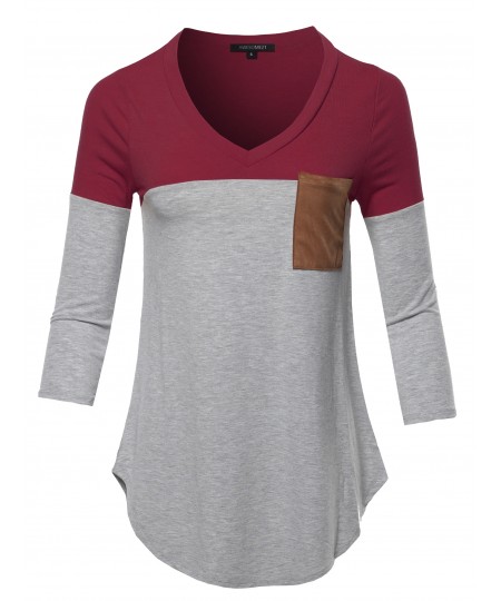 Women's Basic Color Block Suede Pocket Top