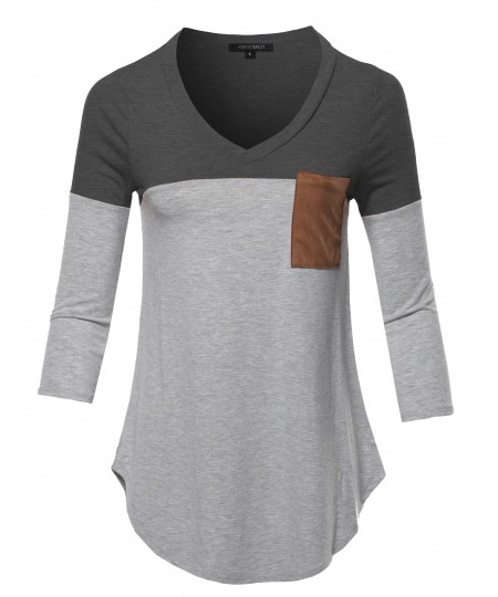 Women's Basic Color Block Suede Pocket Top