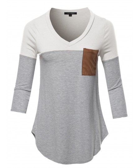 Women's Basic Color Block Suede Pocket Top