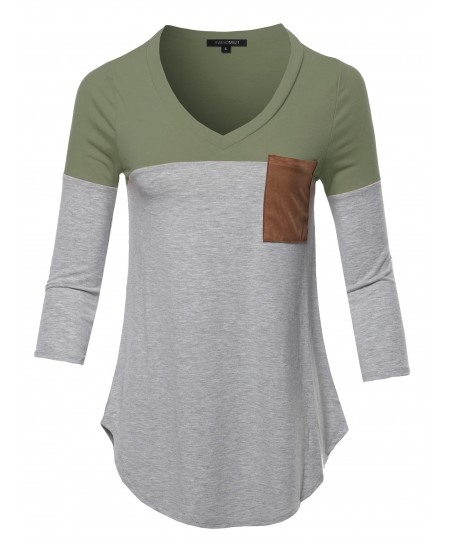 Women's Basic Color Block Suede Pocket Top