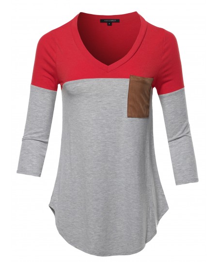 Women's Basic Color Block Suede Pocket Top