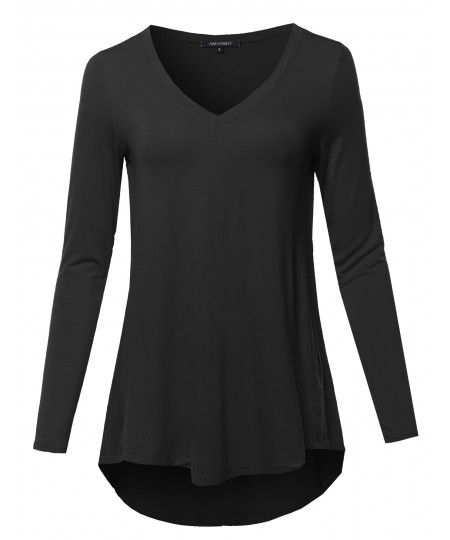 Women's Solid Long Sleeve Shirt High Low Casual Top