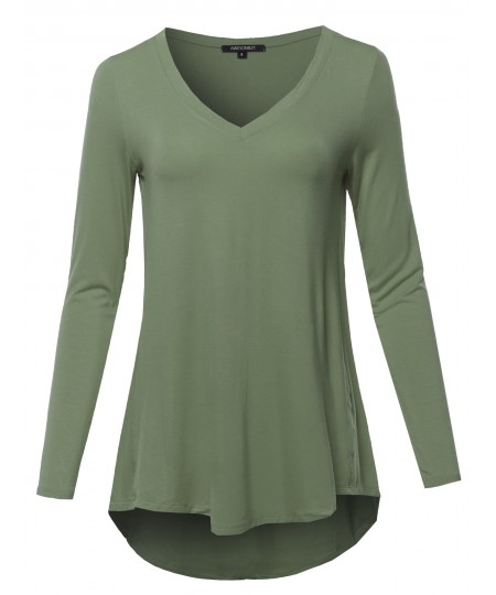 Women's Solid Long Sleeve Shirt High Low Casual Top