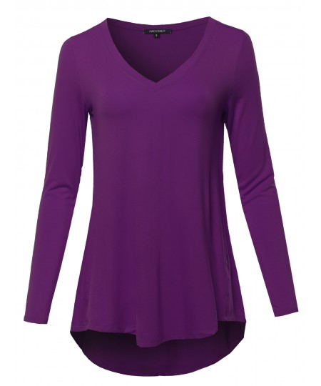 Women's Solid Long Sleeve Shirt High Low Casual Top