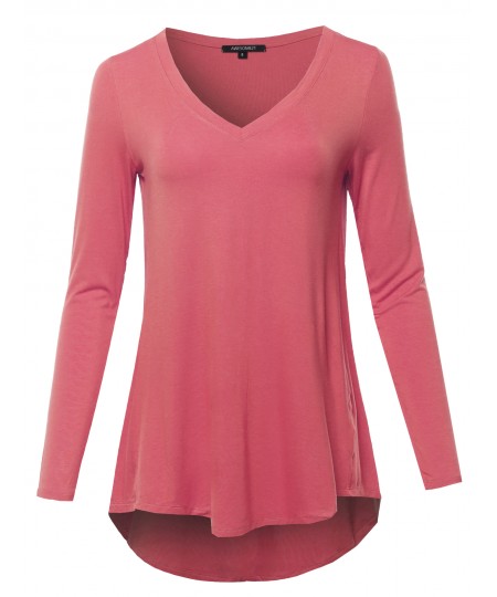 Women's Solid Long Sleeve Shirt High Low Casual Top