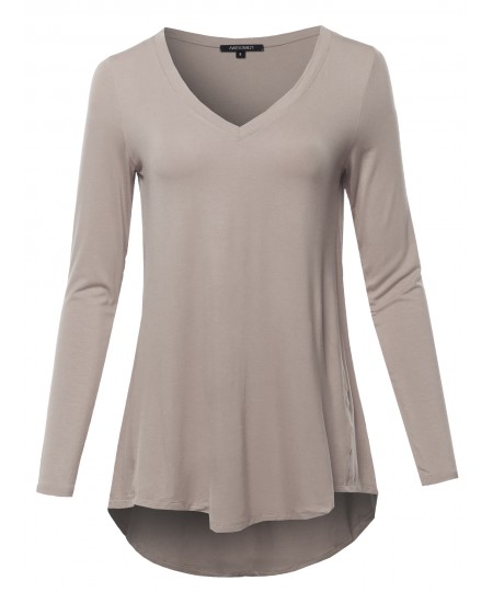 Women's Solid Long Sleeve Shirt High Low Casual Top