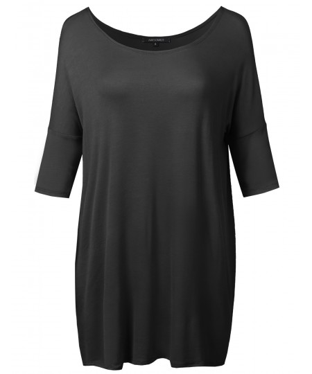 Women's Solid Basic Relaxed Fit Soft Stretch Elbow Sleeve Tunic Top