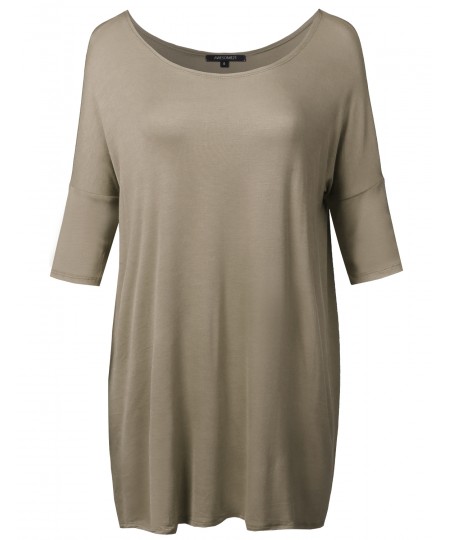 Women's Solid Basic Relaxed Fit Soft Stretch Elbow Sleeve Tunic Top