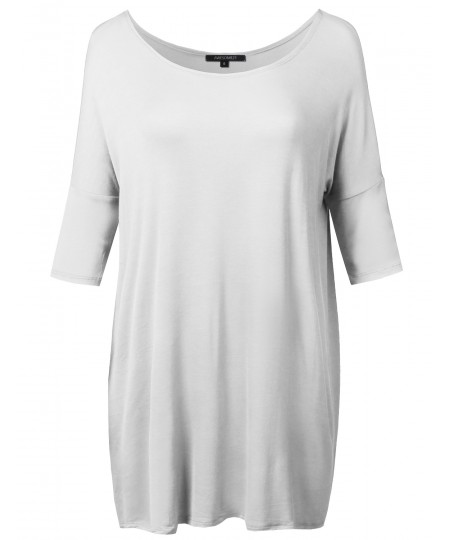 Women's Solid Basic Relaxed Fit Soft Stretch Elbow Sleeve Tunic Top