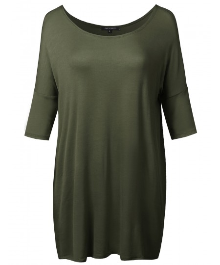 Women's Solid Basic Relaxed Fit Soft Stretch Elbow Sleeve Tunic Top