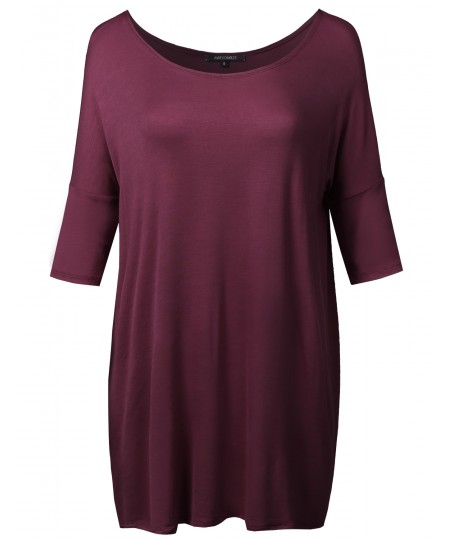 Women's Solid Basic Relaxed Fit Soft Stretch Elbow Sleeve Tunic Top