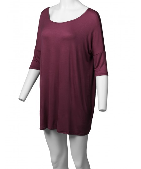 Women's Solid Basic Relaxed Fit Soft Stretch Elbow Sleeve Tunic Top