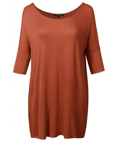Women's Solid Basic Relaxed Fit Soft Stretch Elbow Sleeve Tunic Top