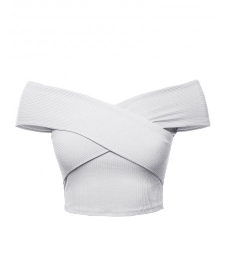 Women's Solid Cross Over Detail Off-Shoulder Cotton Span Crop Top 
