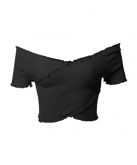 Women's Solid Cross Over Smoking Off-Shoulder Crop Top