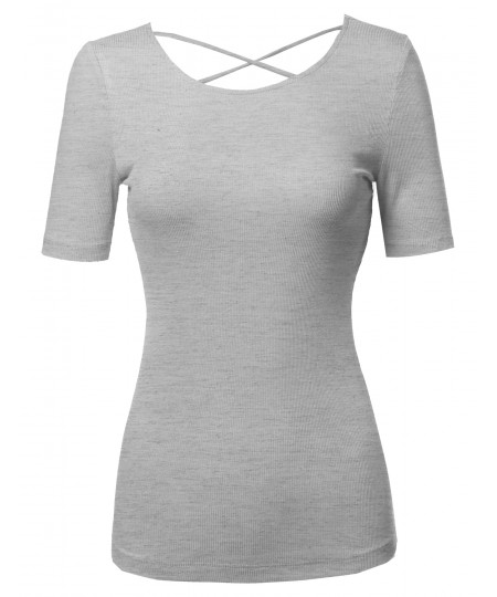 Women's Solid Soft Stretch Short Sleeve Cross Strap Back T-shirt Top