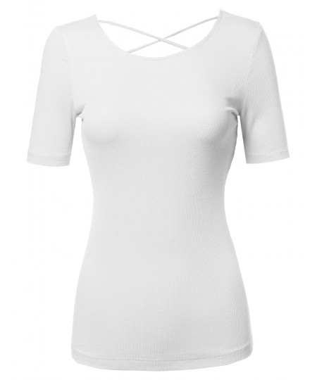 Women's Solid Soft Stretch Short Sleeve Cross Strap Back T-shirt Top