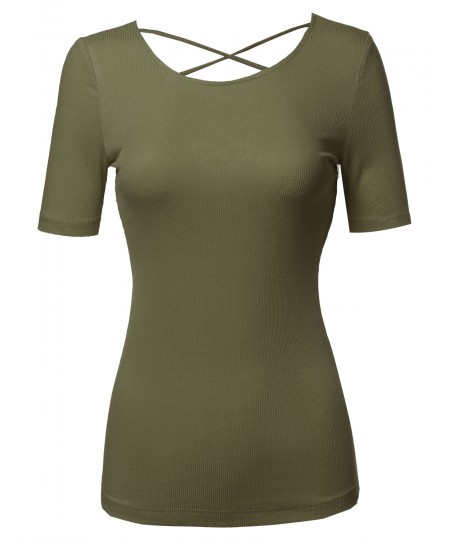 Women's Solid Soft Stretch Short Sleeve Cross Strap Back T-shirt Top