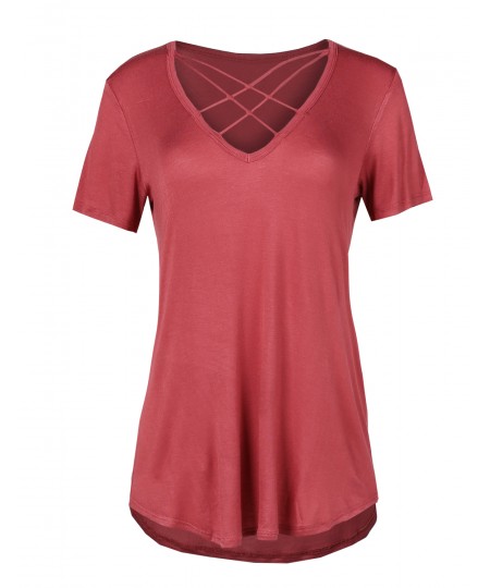 Women's Solid Loose Fit Soft Stretch Strappy V-neck Short Sleeve Tee Top