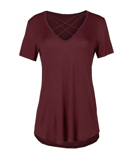 Women's Solid Loose Fit Soft Stretch Strappy V-neck Short Sleeve Tee Top
