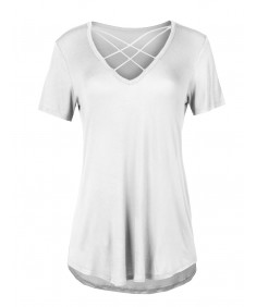 Women's Solid Loose Fit Soft Stretch Strappy V-neck Short Sleeve Tee Top