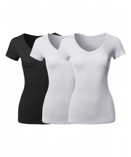 Women's Solid Basic Various Colors V-Neck Short Sleeves Top