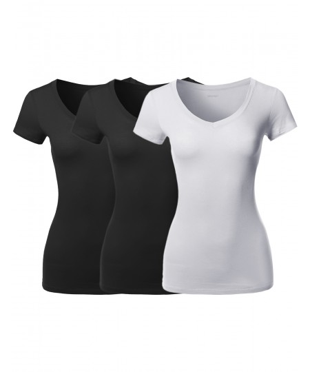 Women's Solid Basic Various Colors V-Neck Short Sleeves Top