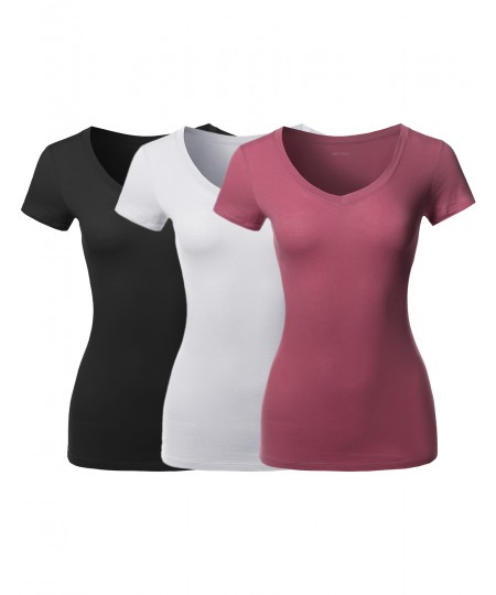 Women's Solid Basic Various Colors V-Neck Short Sleeves Top