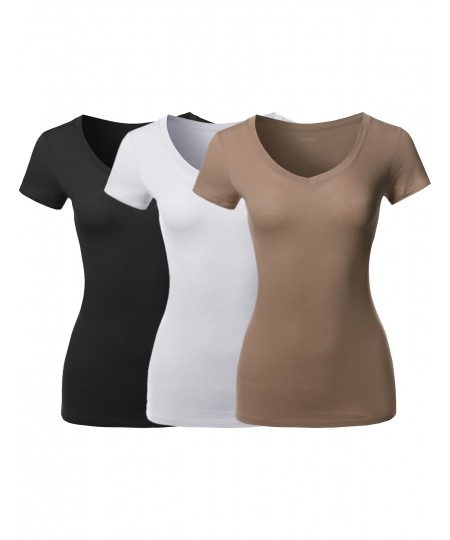Women's Solid Basic Various Colors V-Neck Short Sleeves Top