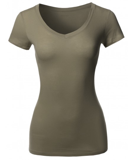 Women's Solid Basic Various Colors V-Neck Short Sleeves Top