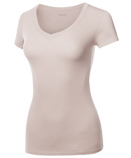 Women's Solid Basic Various Colors V-Neck Short Sleeves Top