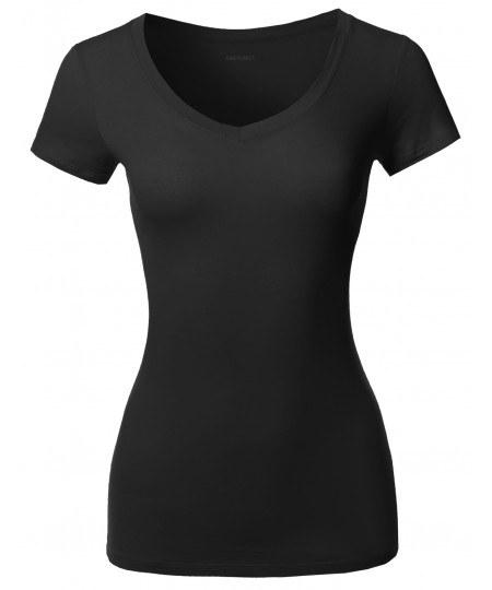 Women's Solid Basic Various Colors V-Neck Short Sleeves Top