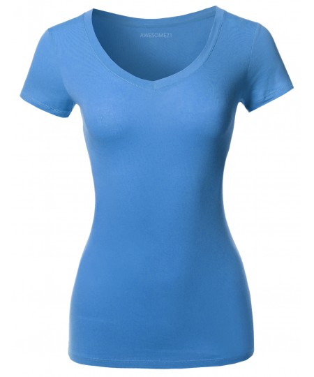 Women's Solid Basic Various Colors V-Neck Short Sleeves Top