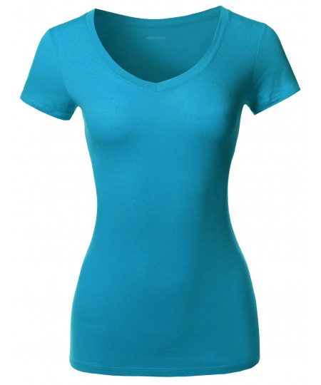 Women's Solid Basic Various Colors V-Neck Short Sleeves Top