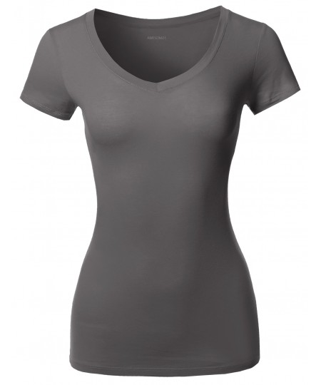 Women's Solid Basic Various Colors V-Neck Short Sleeves Top