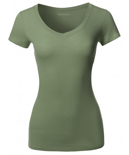 Women's Solid Basic Various Colors V-Neck Short Sleeves Top