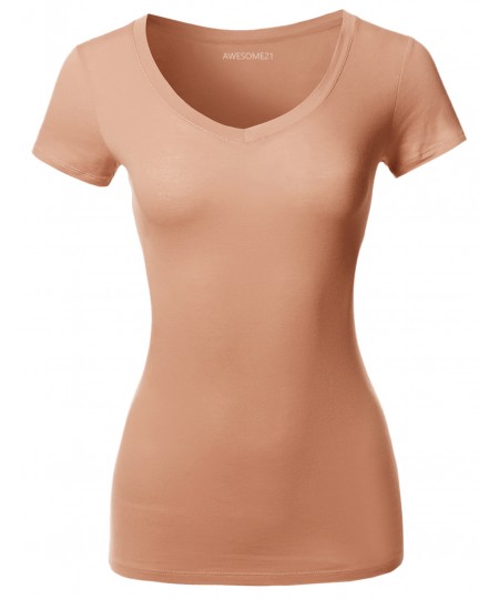 Women's Solid Basic Various Colors V-Neck Short Sleeves Top