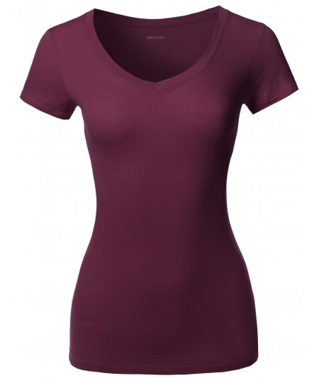 Women's Solid Basic Various Colors V-Neck Short Sleeves Top