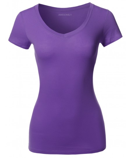 Women's Solid Basic Various Colors V-Neck Short Sleeves Top