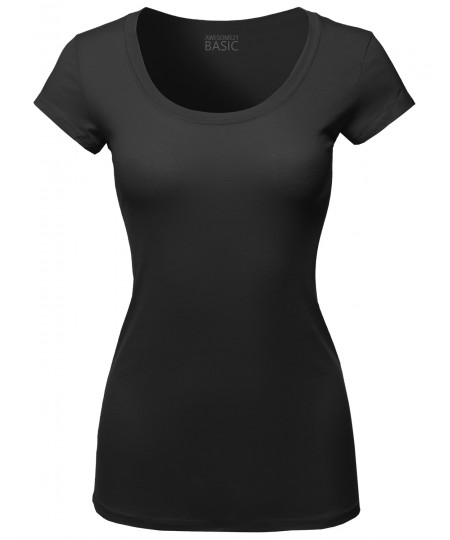 Women's Solid Basic Cap Sleeves Scoop Neck Tee