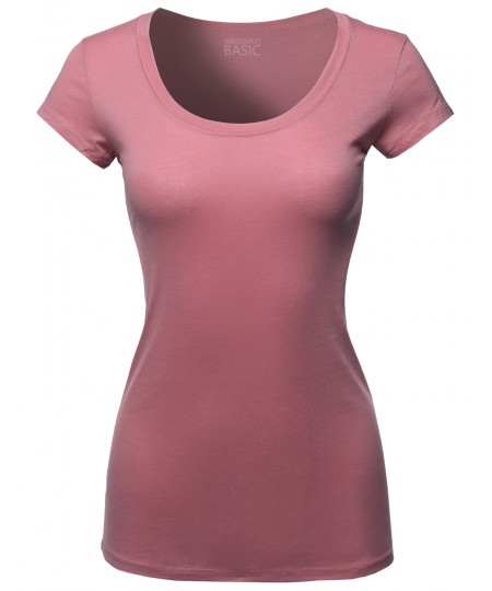 Women's Solid Basic Cap Sleeves Scoop Neck Tee