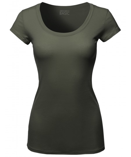 Women's Solid Basic Cap Sleeves Scoop Neck Tee