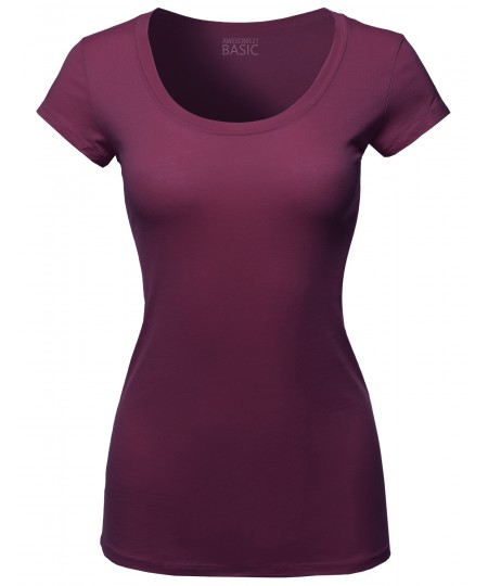 Women's Solid Basic Cap Sleeves Scoop Neck Tee