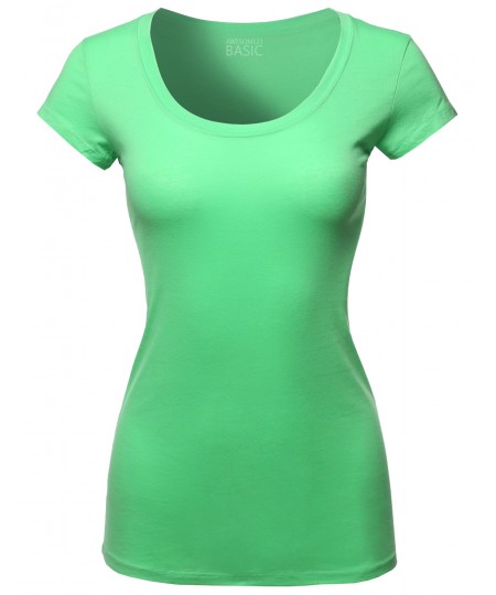 Women's Solid Basic Cap Sleeves Scoop Neck Tee