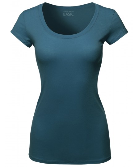 Women's Solid Basic Cap Sleeves Scoop Neck Tee